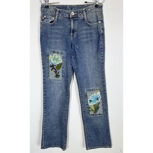 VTG AB Womens Low Rise Med Wash Straight Leg Jeans Sz 4 Embroidered Stretch Y2K‎